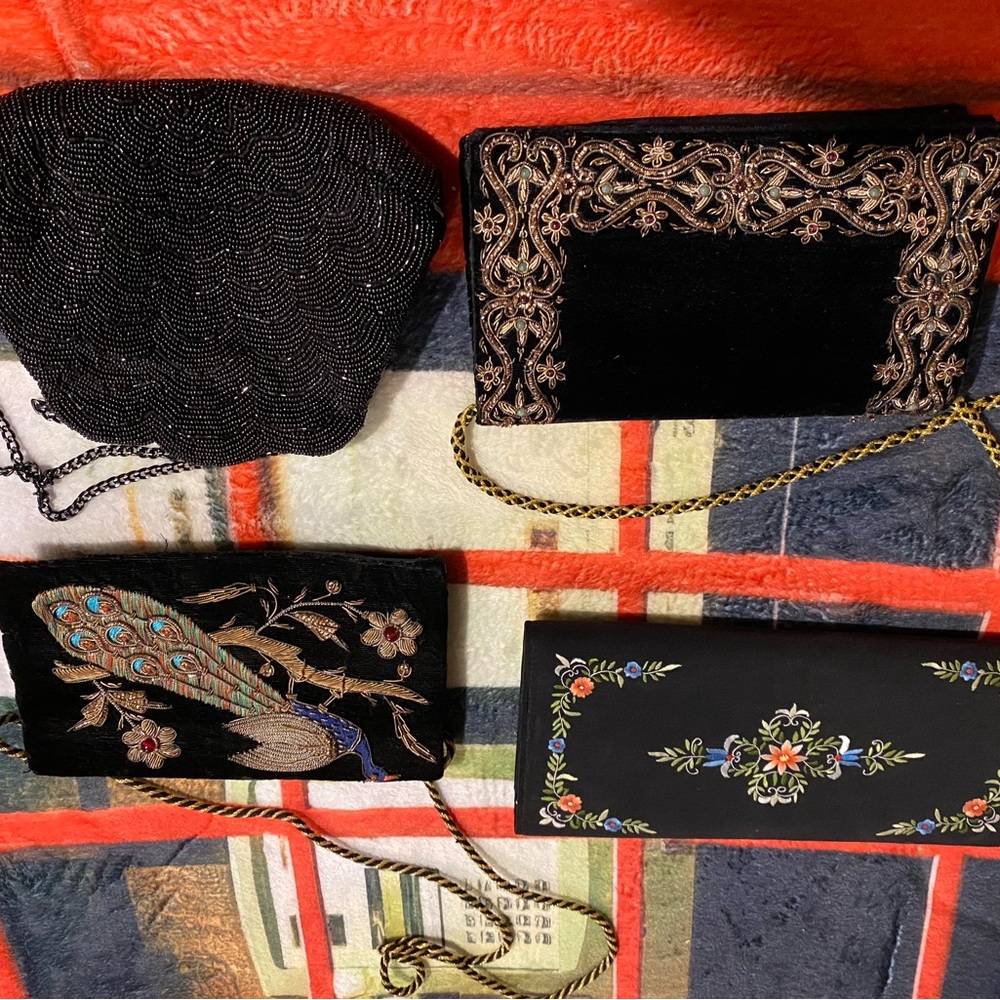 Vintage Black Ornate Clutchs with Metallic Embellishments Circa 1960-75